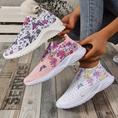 Women's Flower Pattern Slip-On Sneakers, Breathable Knit Low Top Shoes