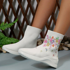 Floral Print Knitted Ankle Boots Slip On Comfortable Walking Shoes