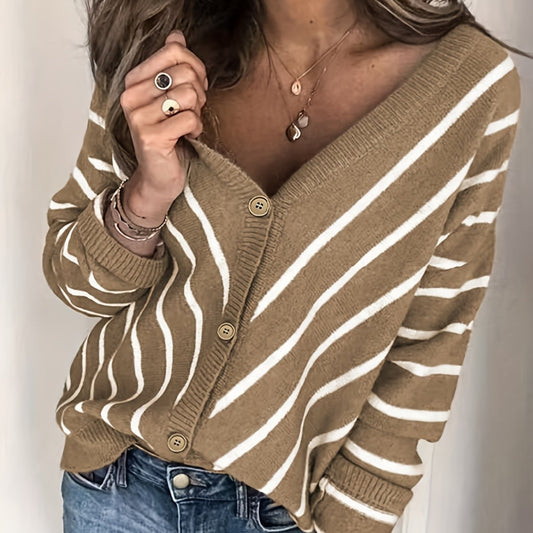  Stripe Print Button Up V Neck Cardigan