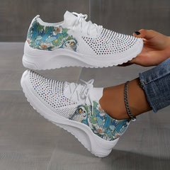 Women's Rhinestone & Floral Sneaker Low Round Toe Sporty Shoes