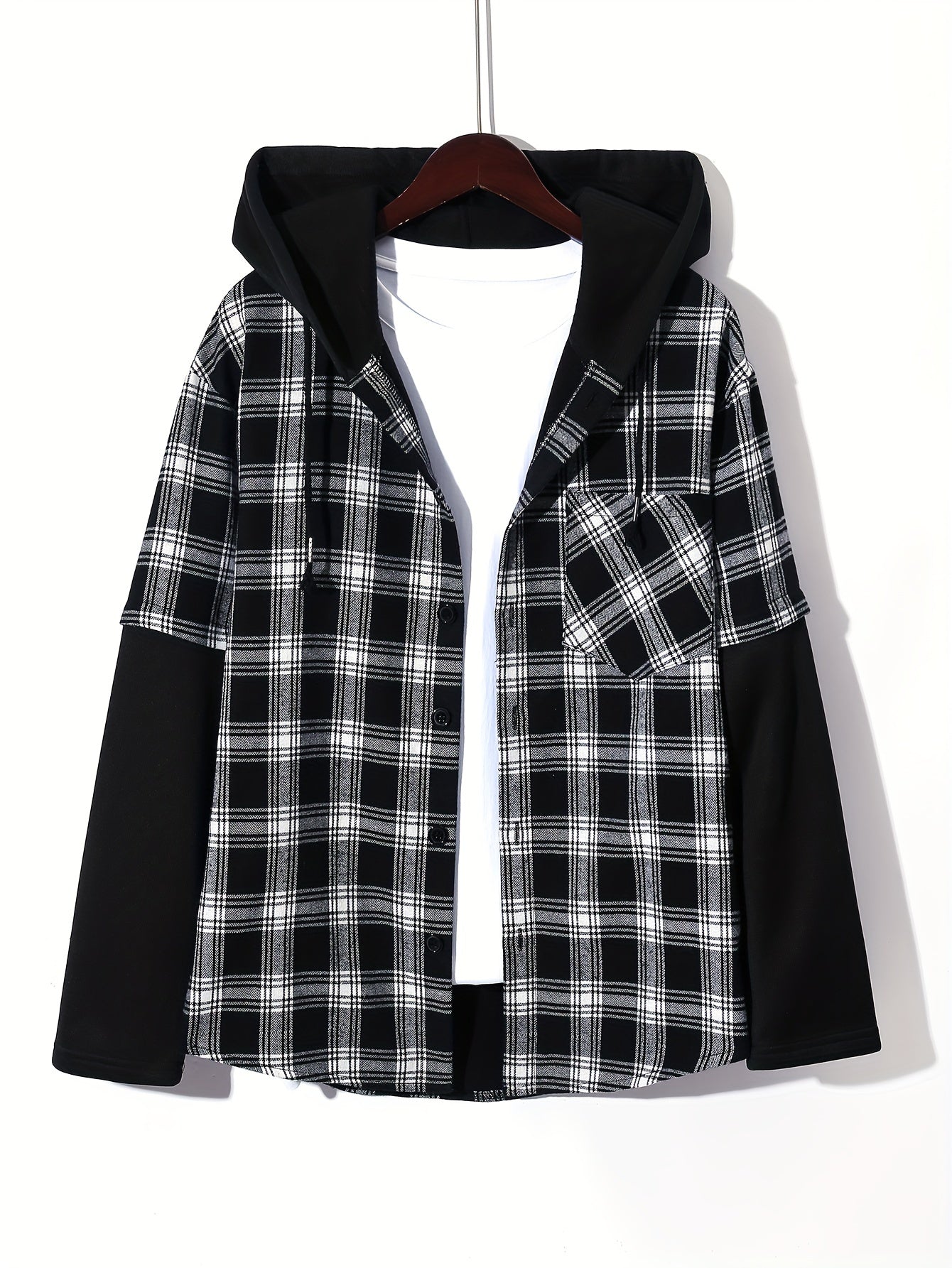 Men's Plaid Hooded Shirt Jacket Long Sleeve Regular Fit Coat