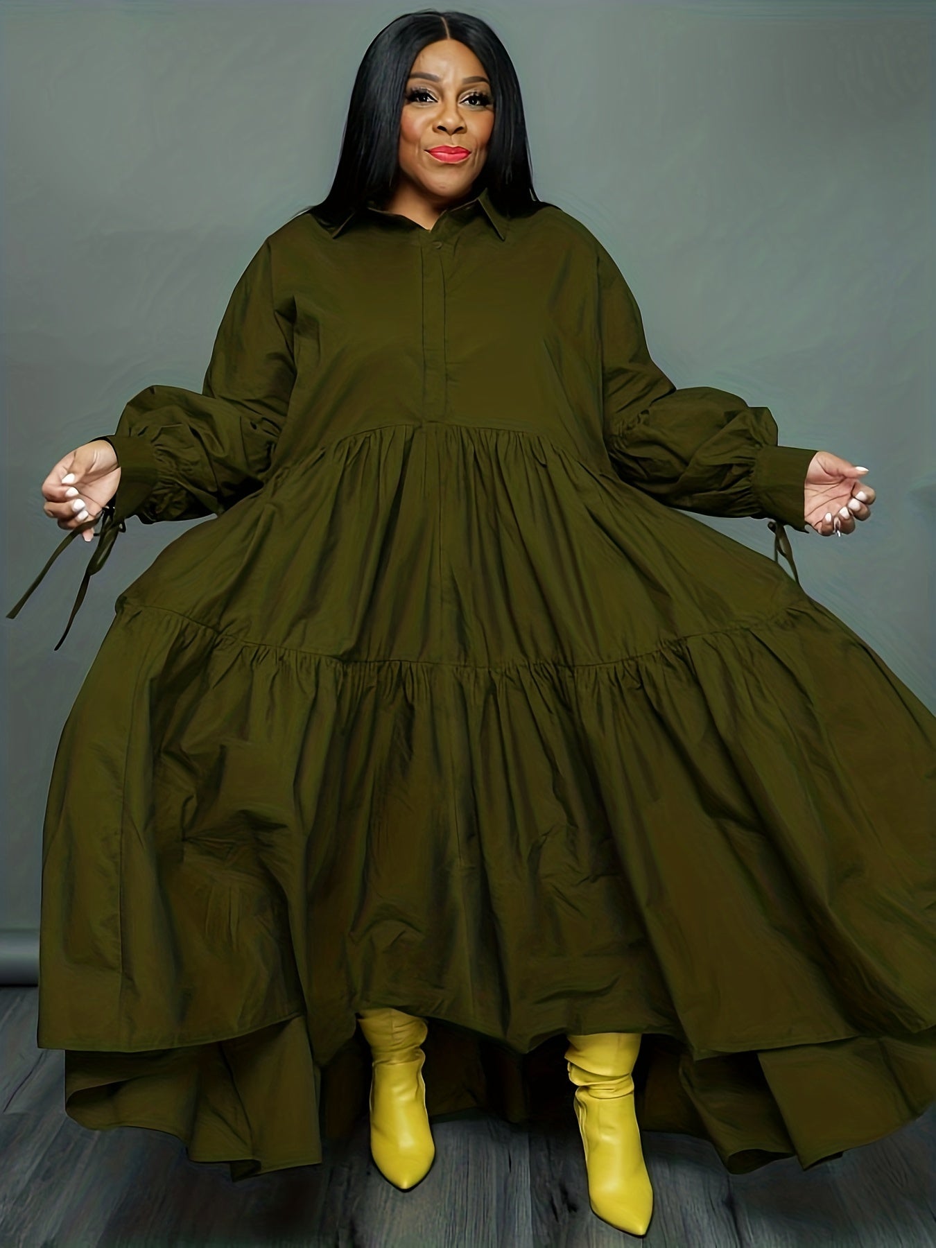 Solid Long Sleeve Maxi Dress Women's Plus Turn Down Collar Long Dress