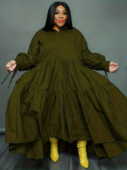 Solid Long Sleeve Maxi Dress Women's Plus Turn Down Collar Long Dress