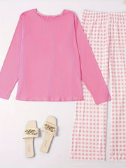  Pajama Set Soft Tee & Gingham Print Pants Two Piece Set