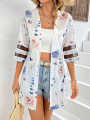 Floral Print Half Sleeve Jacket Casual Open Front Crew Neck Outerwear