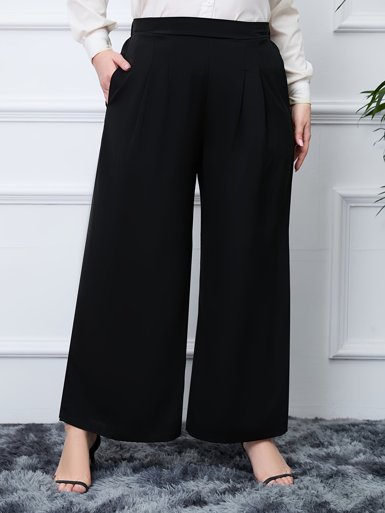  Plain High Rise Loose Fit Wide Leg Pants