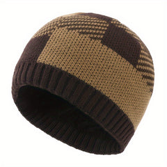 Winter Fleece Lining Plaid Knitted Beanie Hat for Men & Women