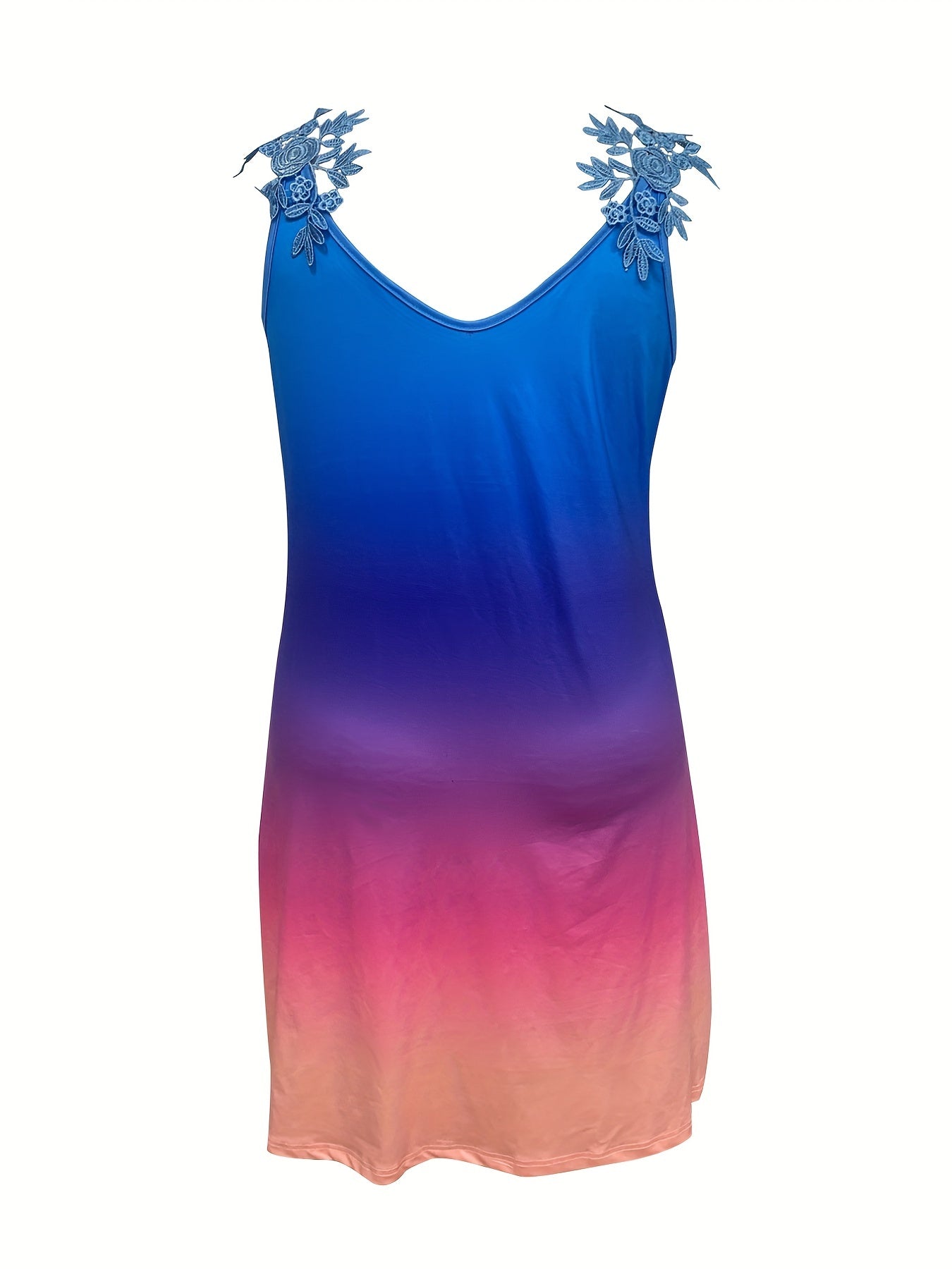 Plus Ombre Print Lace Panel V-Neck Stretch Summer Dress