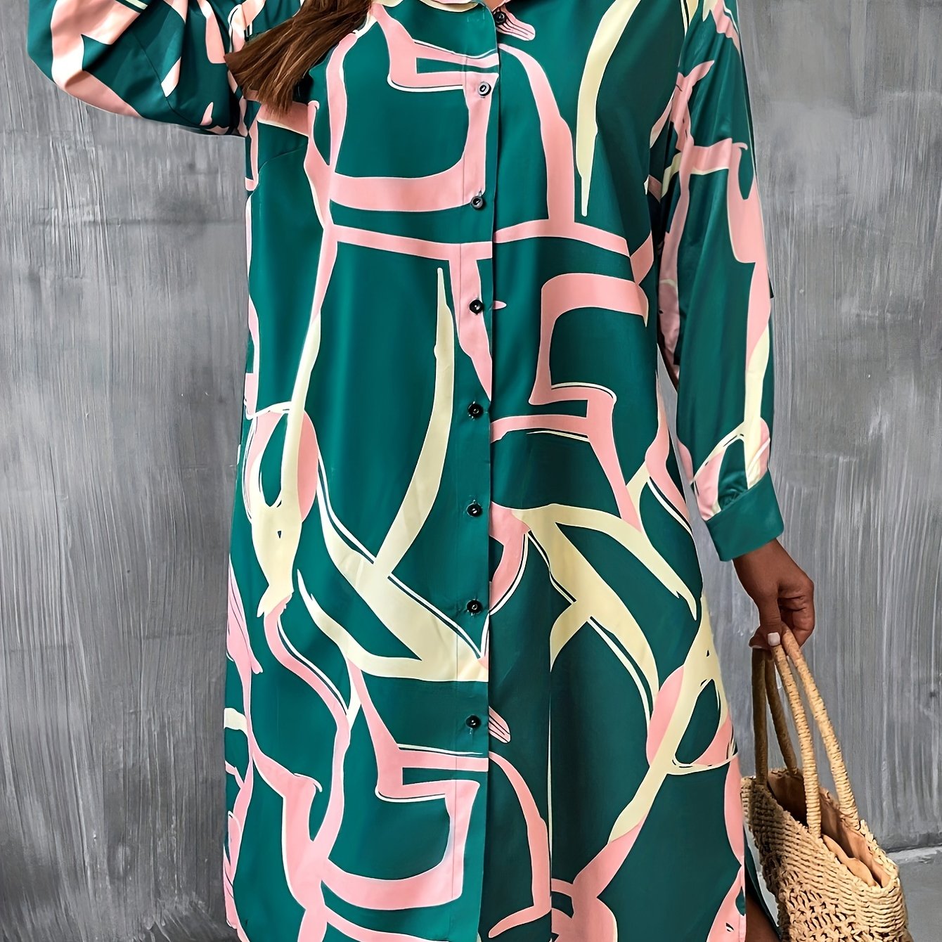 Abstract Print Long Sleeve Button Up Shirt Dress