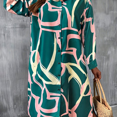  Abstract Print Long Sleeve Button Up Shirt Dress