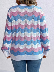  Wavy Stripe Print Long Sleeve V Neck Sweater