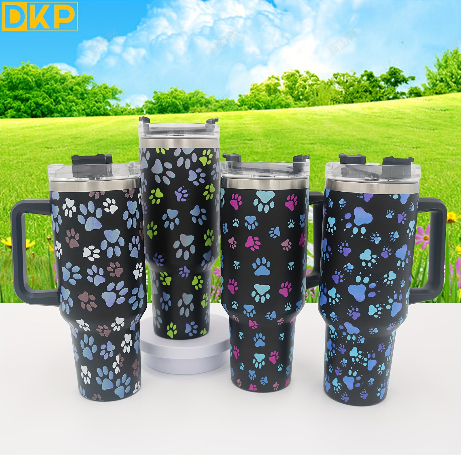 40oz Cat Claw Pattern Steel Water Bottle Insulated Tumbler w/Handle & Straw