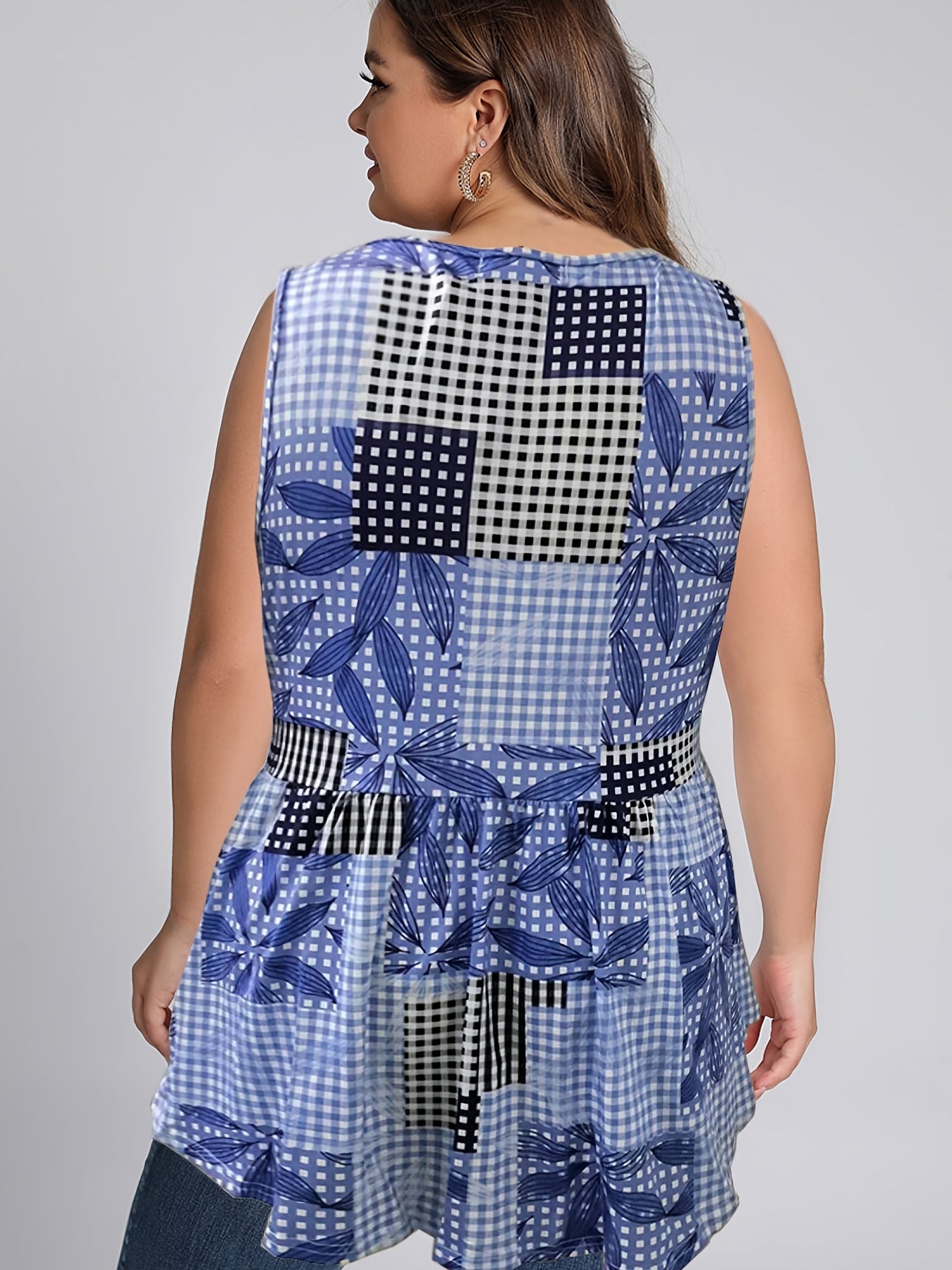 Chessboard Print Stretch Peplum Tank Top