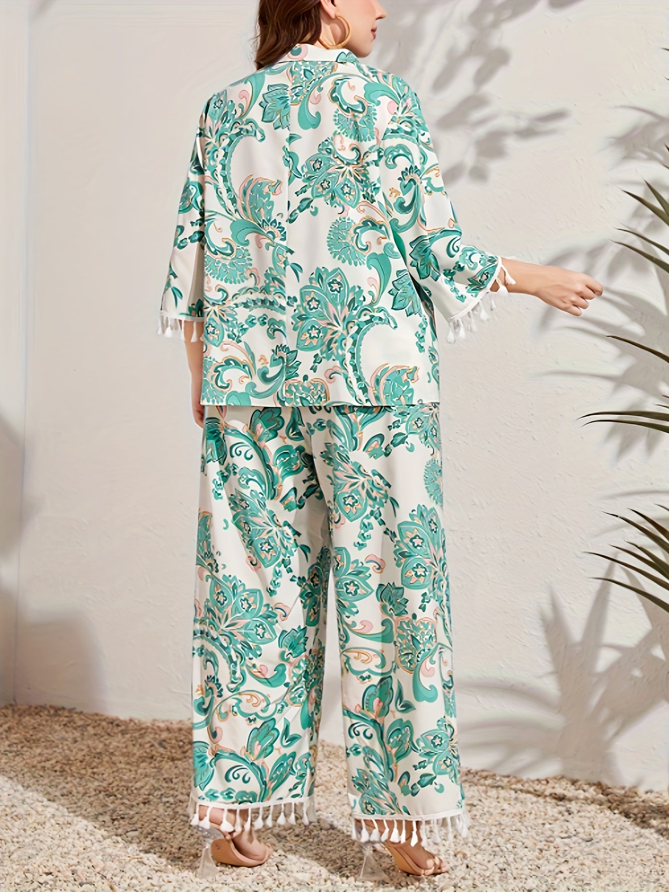 Floral Print Tassel Polo Neck Blouse & Wide Leg Pants Set