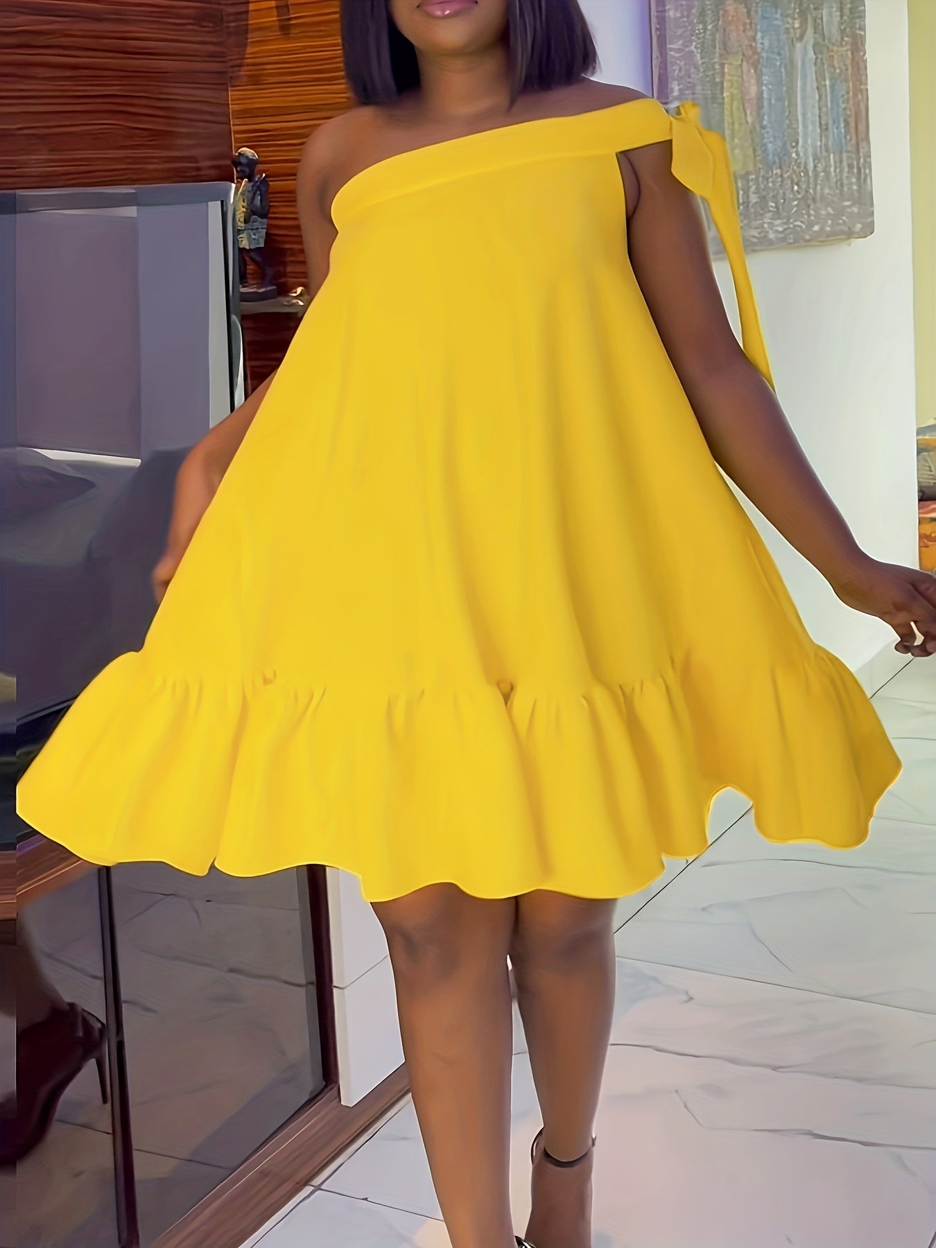  Women's One Shoulder Ruffle Mini Dress