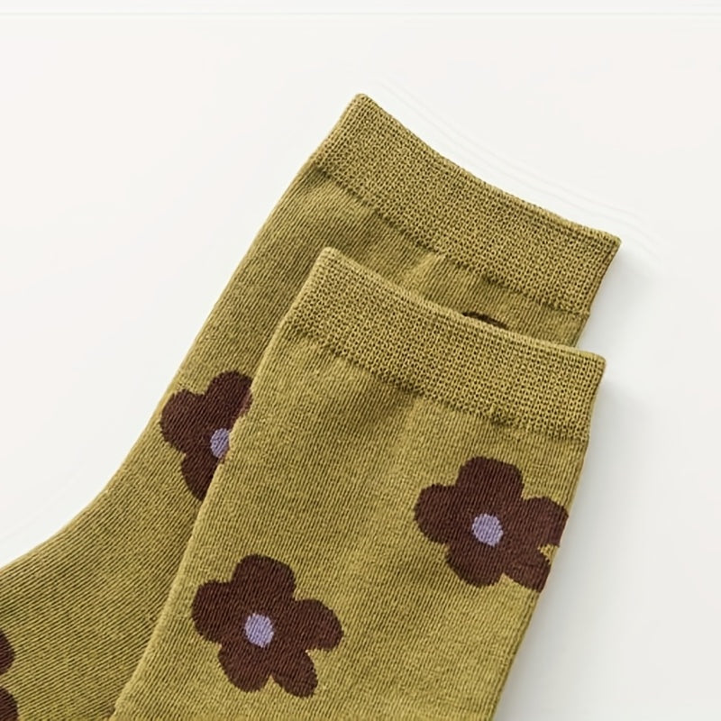 3 Pairs Floral Print Socks Comfy & Breathable Women's Mid Tube Stockings