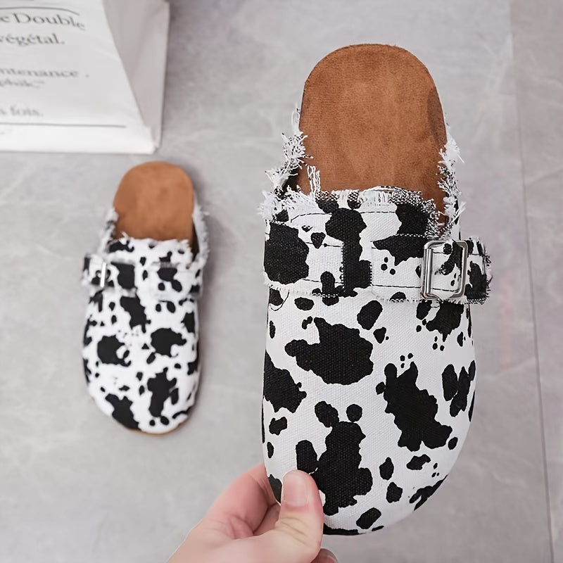 Women's Cow Print Mules Buckle Strap Flat Clogs