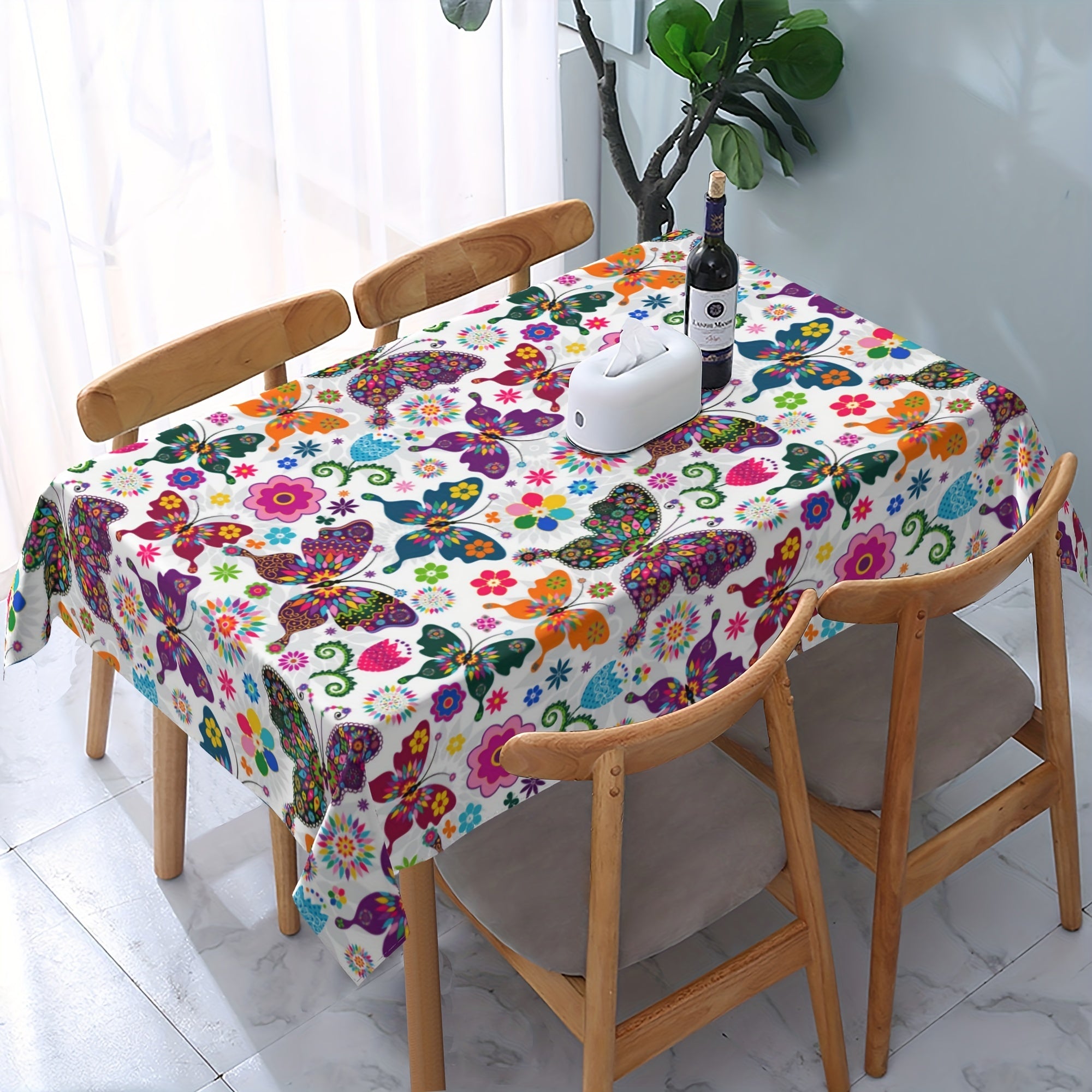 Colorful Butterfly Tablecloth Waterproof Round Table Cloth