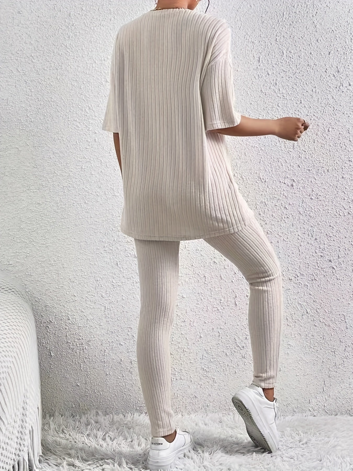 Casual Solid Two-piece Set Drop Shoulder T-shirt & Slim Pants