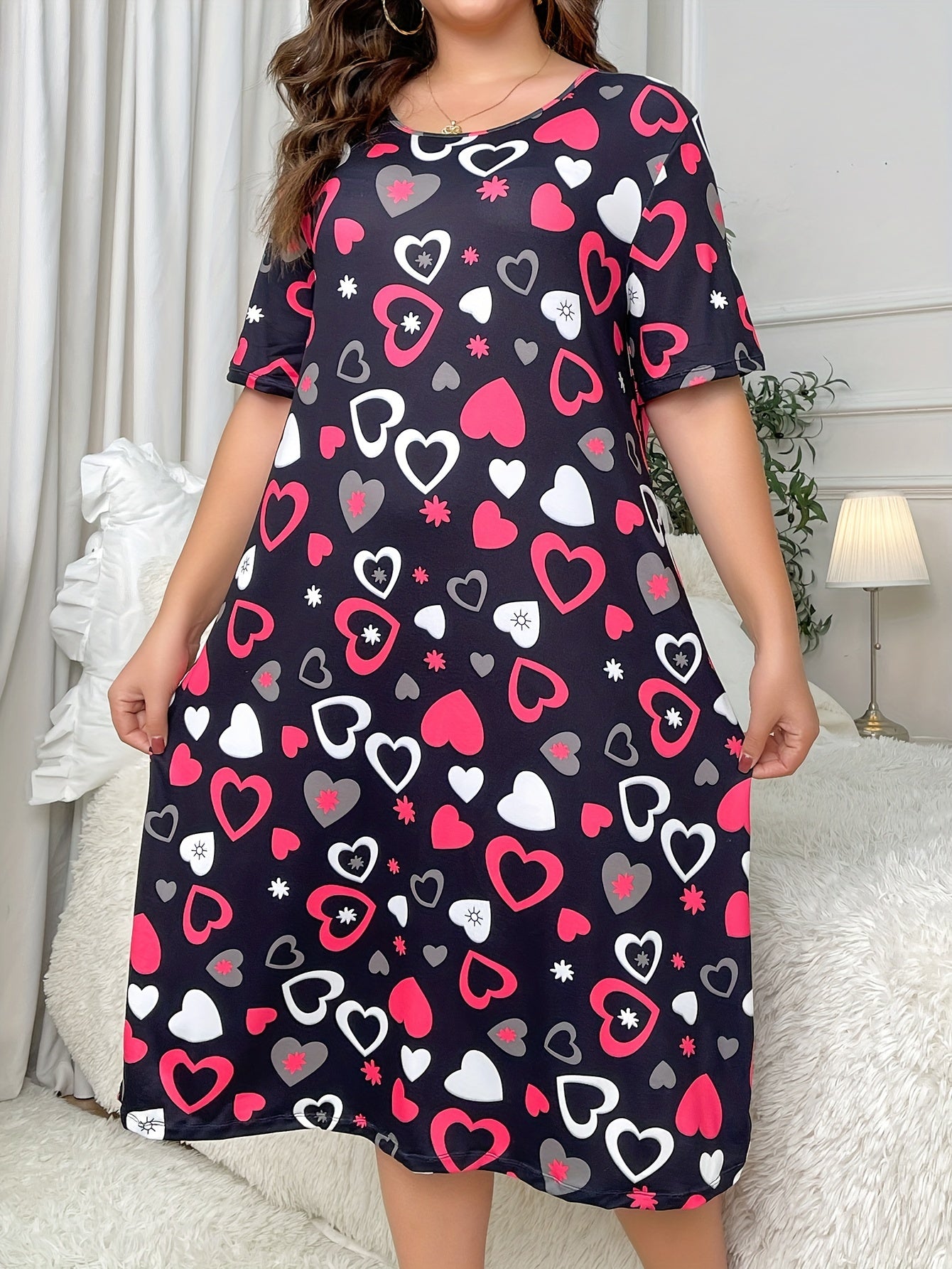  Heart Print Stretchy Sleep Dress