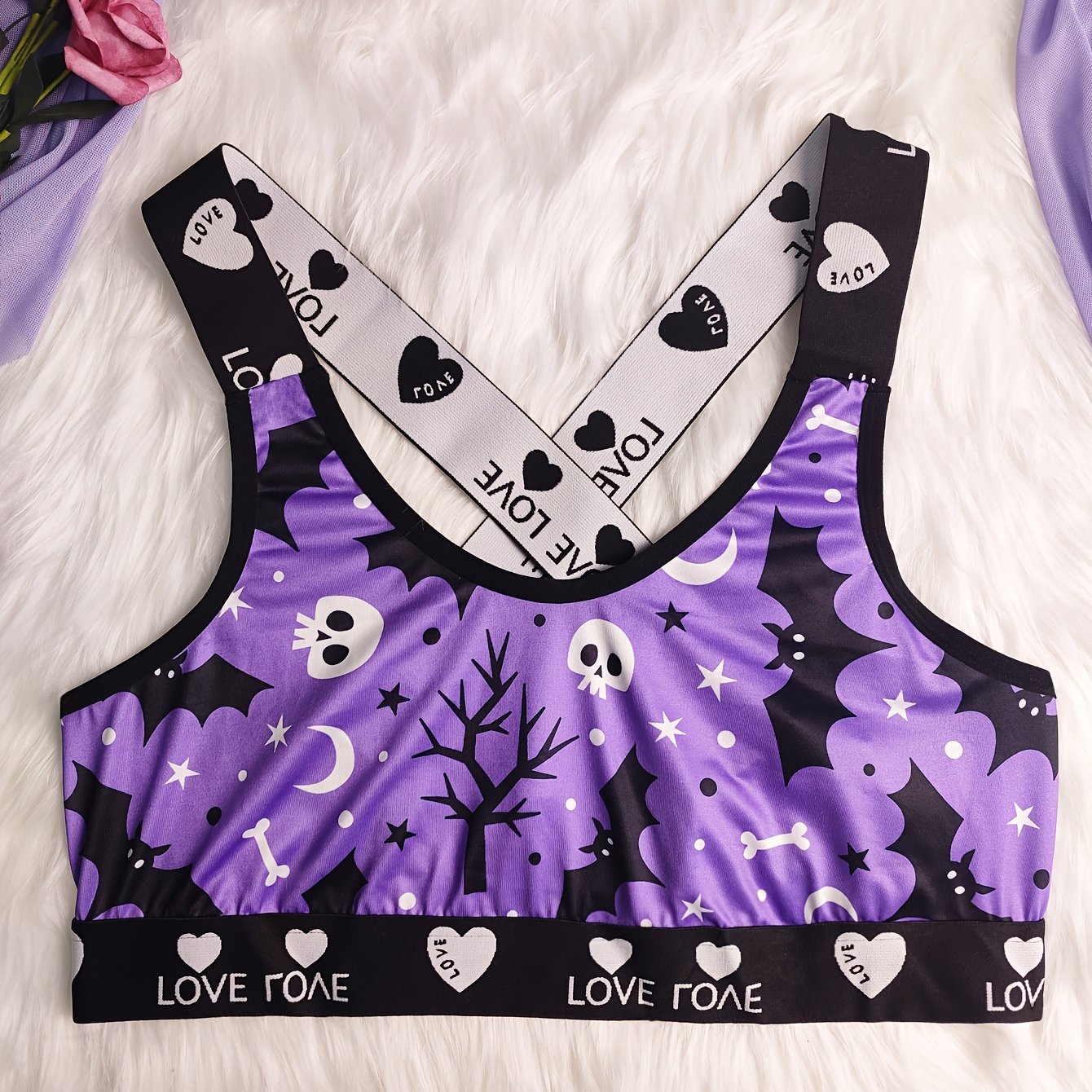  Skull & Bat Print Letter Tape Crisscross Back Bralette