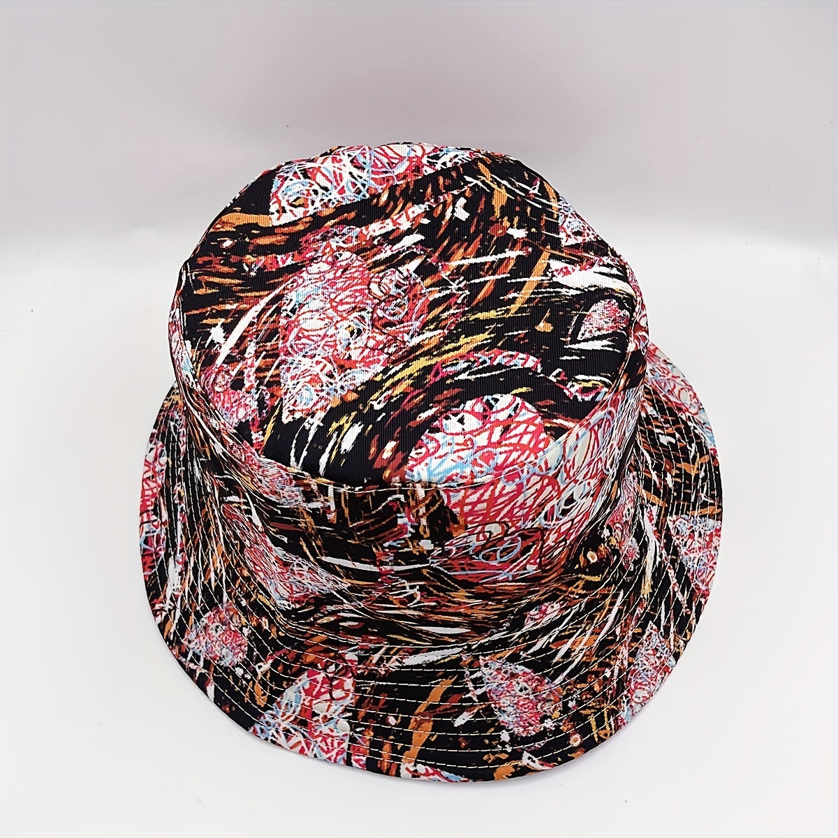 Graffiti Striped Print Bucket Hat Vintage Reversible Fisherman Cap Red Brown Sun