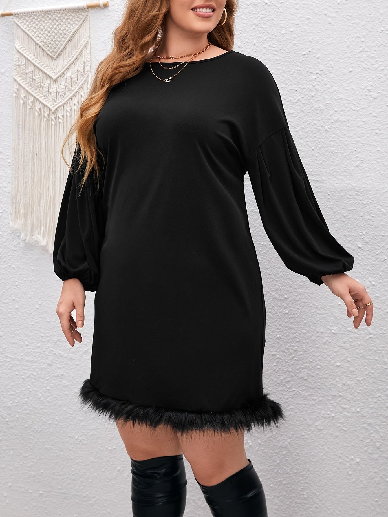  Solid Long Sleeve Round Neck Fuzzy Trim Dress