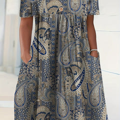  Boho Dress Women's Plus Paisley Print Short Sleeve Round Neck Dress