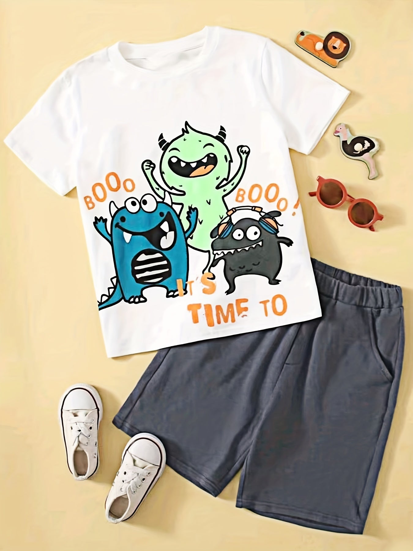 Boys Monster Print Casual Outfit T shirt & Shorts Kids Summer Clothes Sets