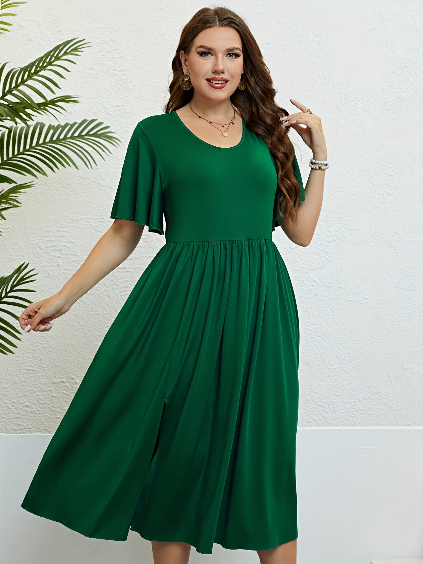  Solid Flutter Sleeve Round Neck Dress