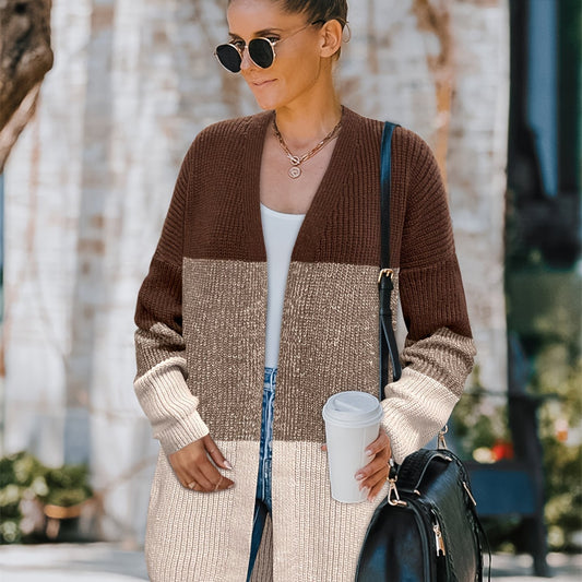  Colorblock Long Sleeve Open Front Cardigan