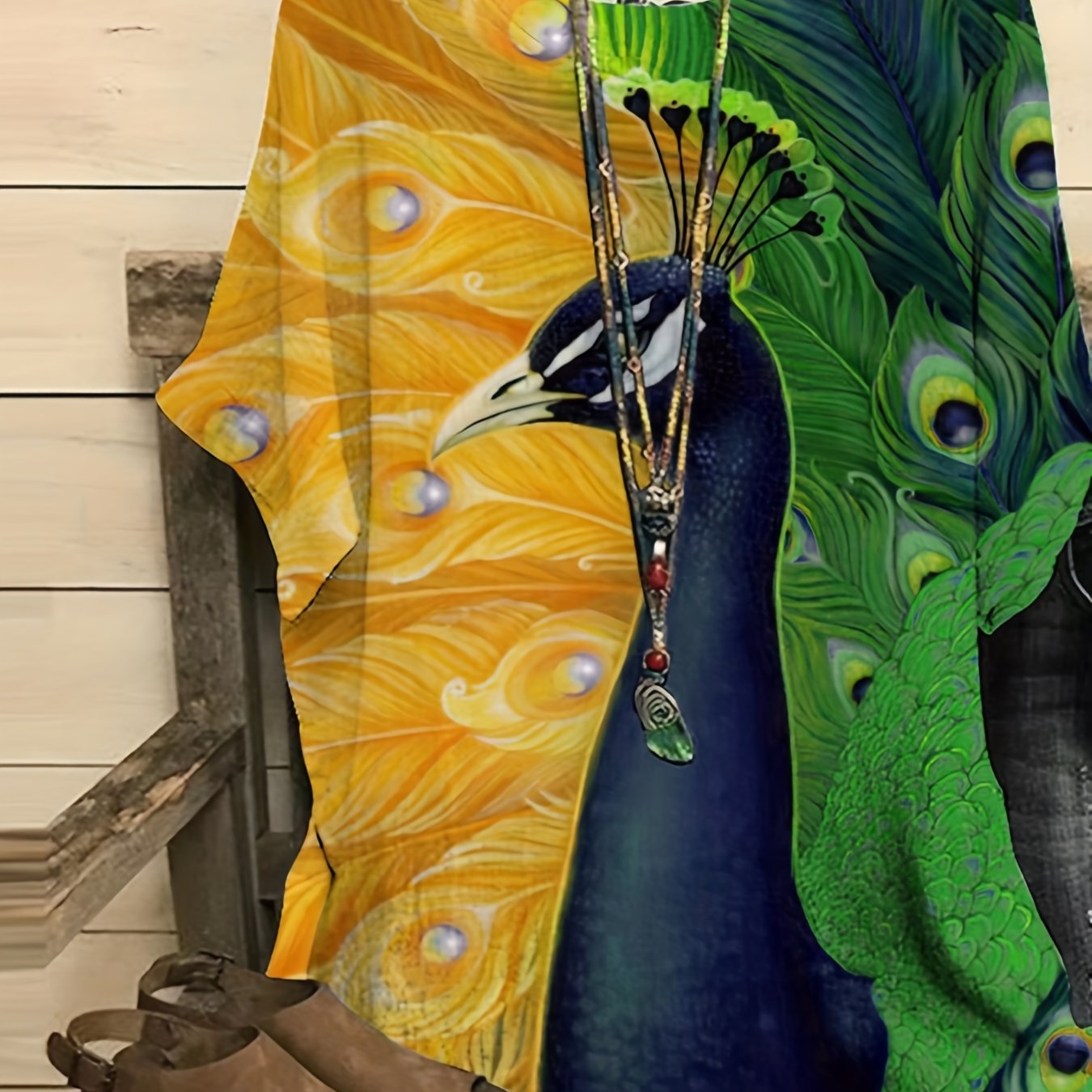  Peacock Print Short Sleeve Blouse