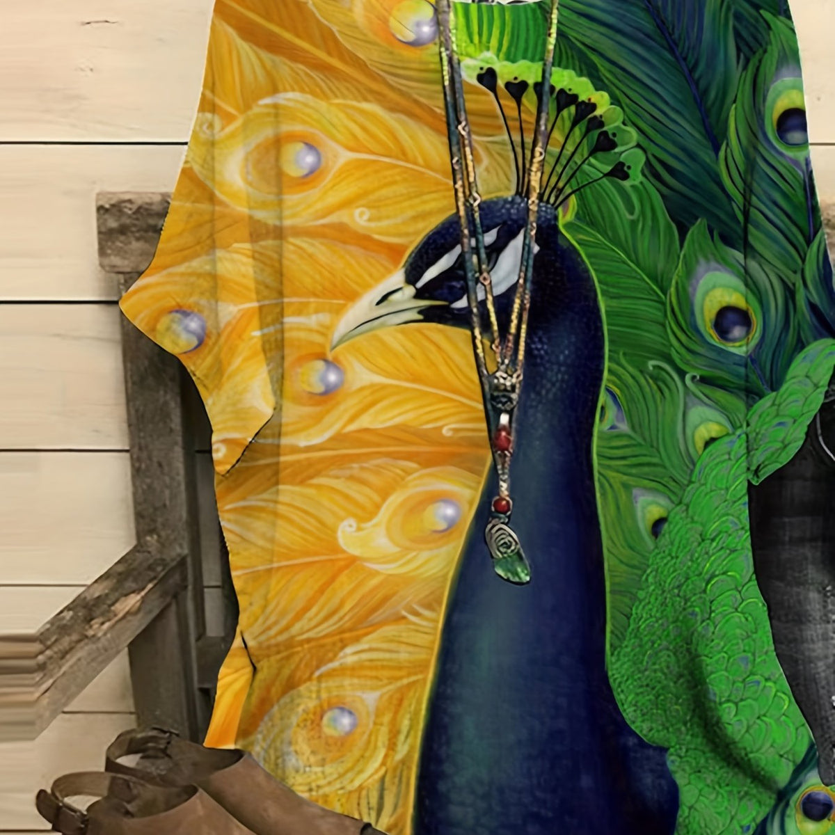  Peacock Print Short Sleeve Blouse