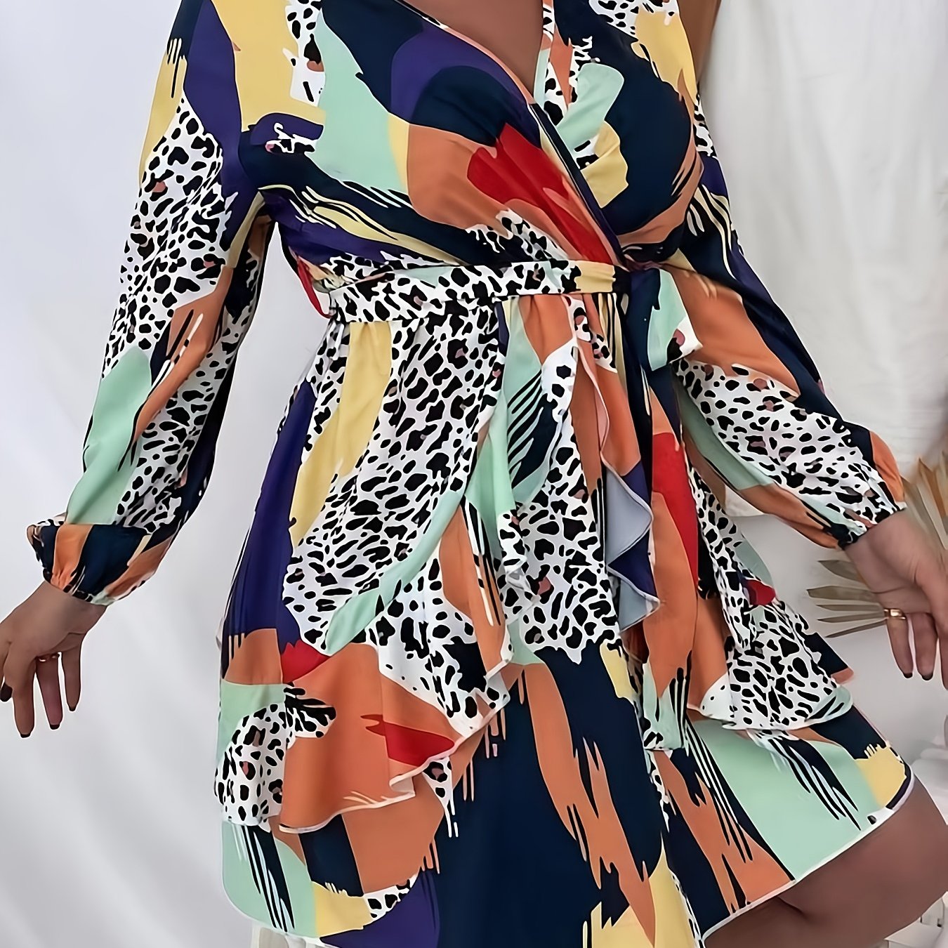  Colorblock Leopard Print Long Sleeve Mini Dress