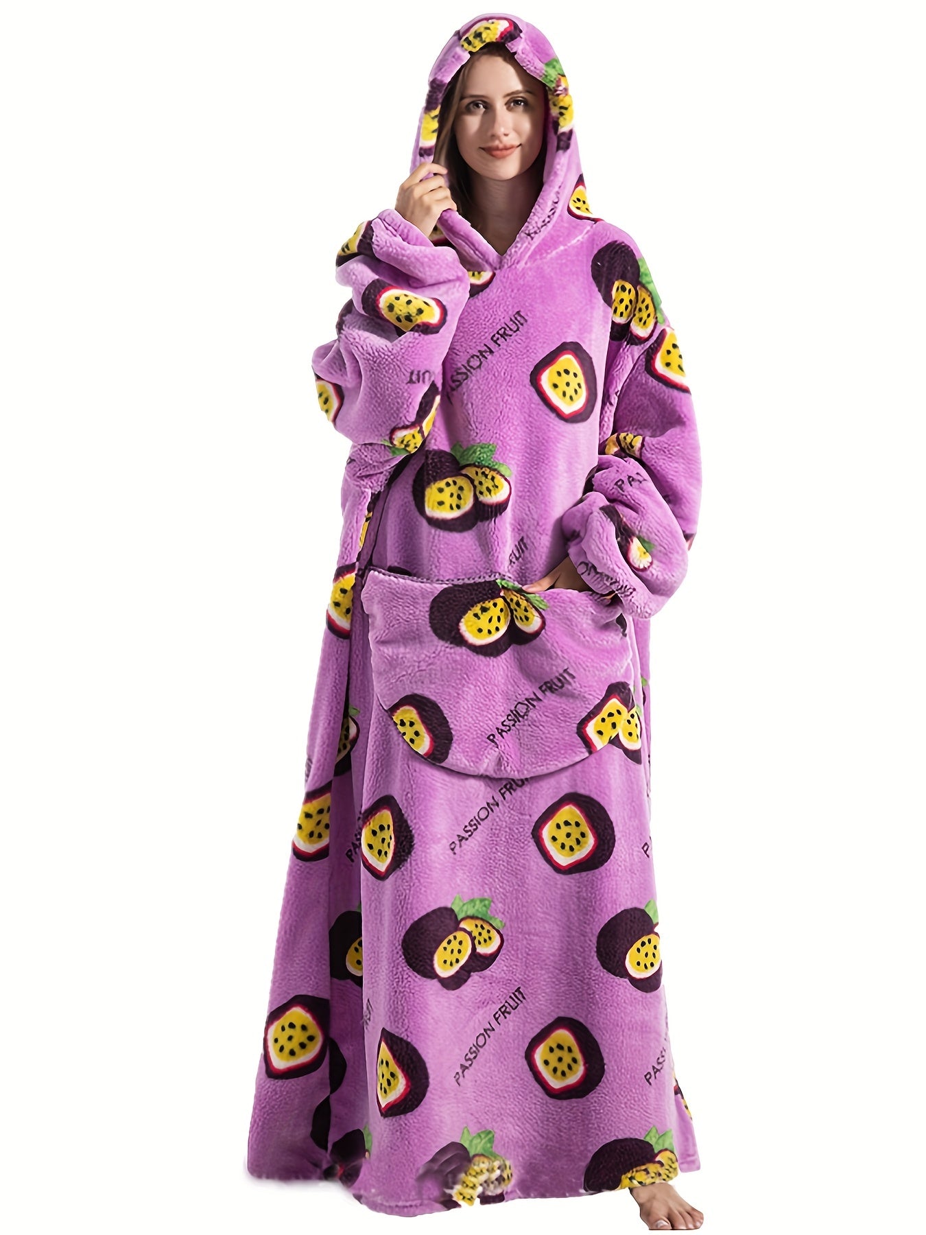  Passion Fruit Pattern Fuzzy Fleece Hooded Wearable Blanket
