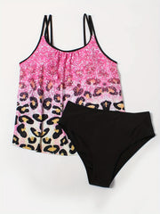  Gradient Glitter Leopard Print Tankini Set