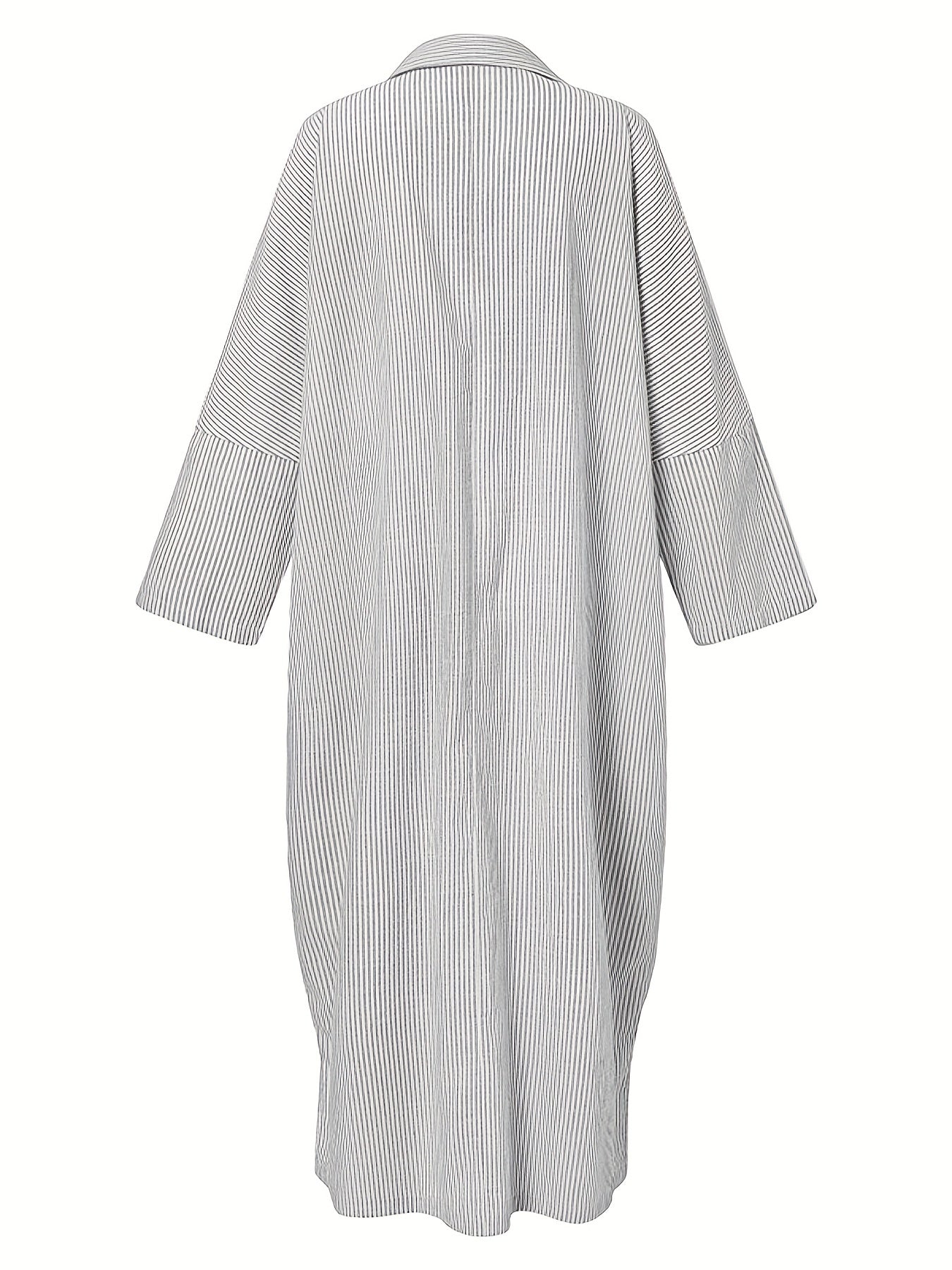  Stripe Print Button Up Long Sleeve Maxi Shirt Dress