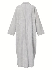  Stripe Print Button Up Long Sleeve Maxi Shirt Dress