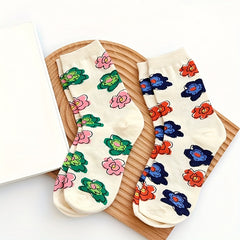 4 Pairs Floral Print Socks Comfy & Breathable Mid Tube Socks Women's Stockings