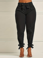 Plus Size Bow Knot Tapered Leg Elastic Pants With Belt