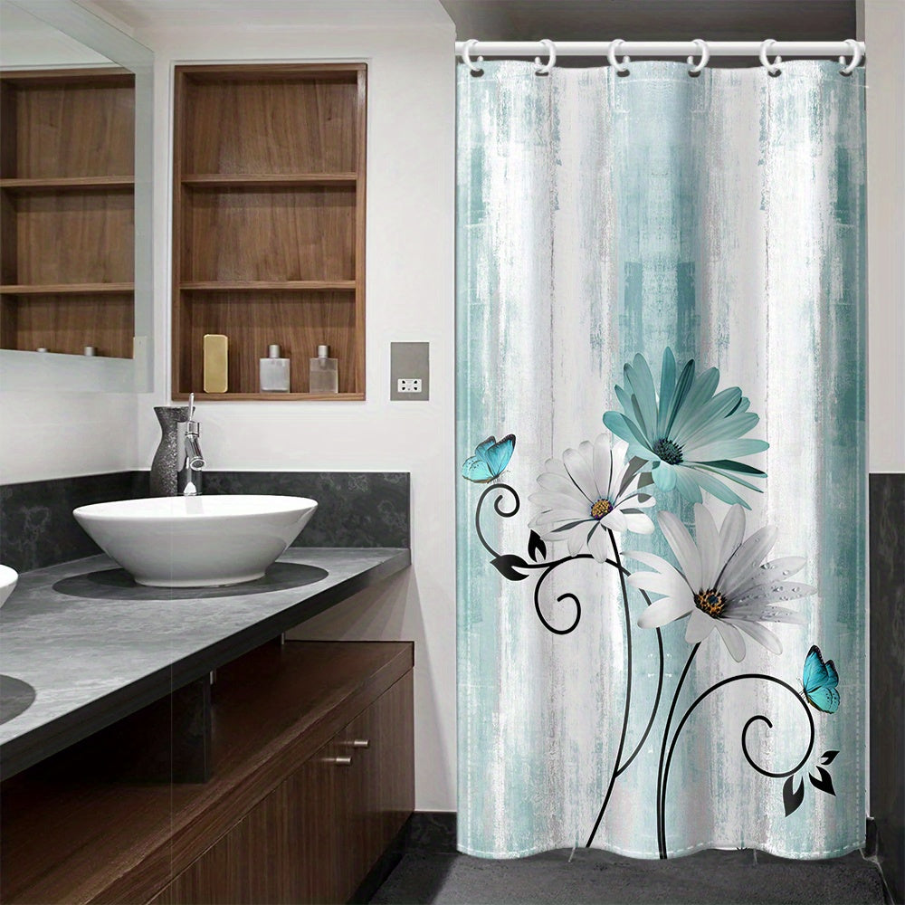 Waterproof Shower Curtain with Flower Pattern Bathroom Rug Set