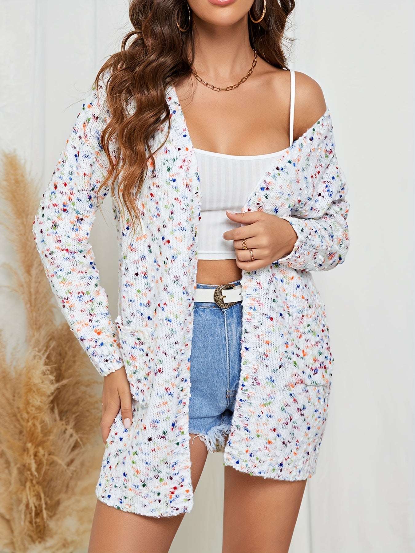 Open Front Pocket Cardigan Long Sleeve Mid Length