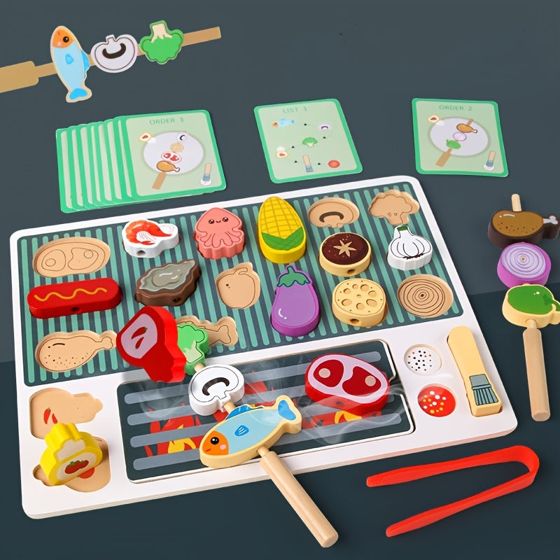 Wooden BBQ Playset for Kids Pretend Cooking & Grilling Game