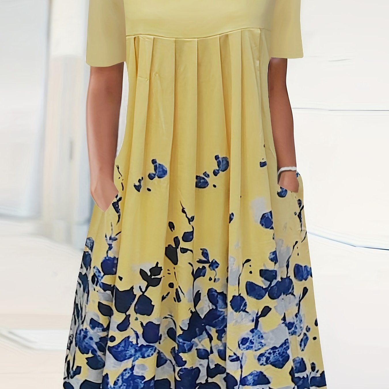  Floral Print Short Sleeve Dress With Pockets