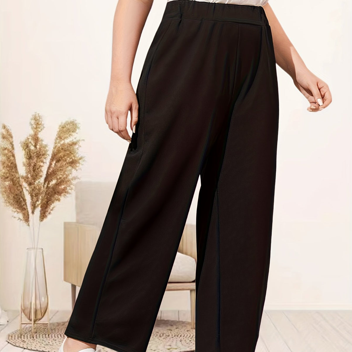  Solid Elastic High Rise Wide Leg Pants