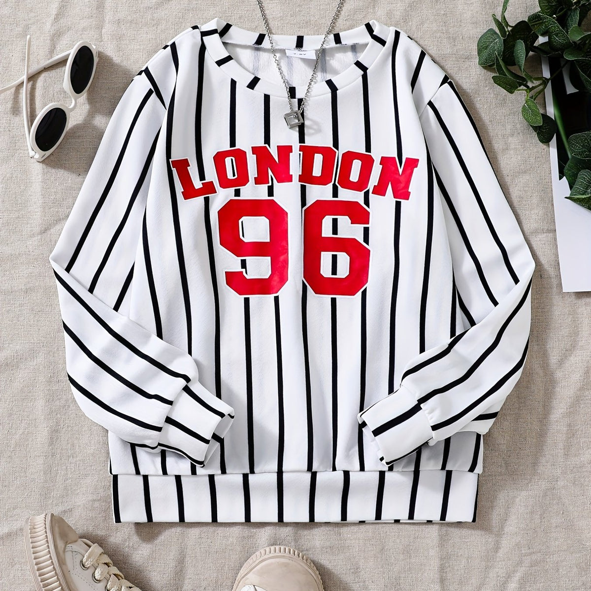 Girls Striped Team Number Crew Neck Sweatshirt For Sports Casual Outfit