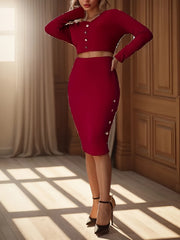  Sexy Button Decor V Neck Crop Top & Bodycon Skirt Set