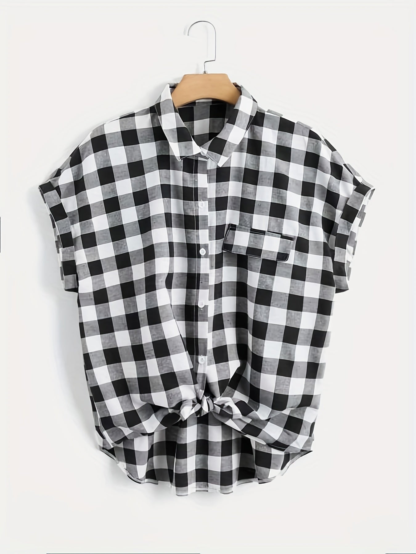  Gingham Print Button Up Bat Sleeve Blouse