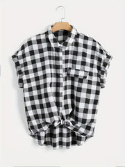  Gingham Print Button Up Bat Sleeve Blouse