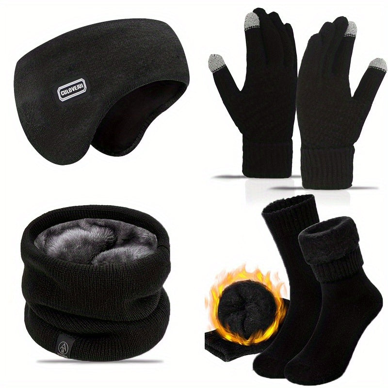Winter Velvet Earmuffs & Neck Guards Set, Knitted Gloves & Sleeping Socks